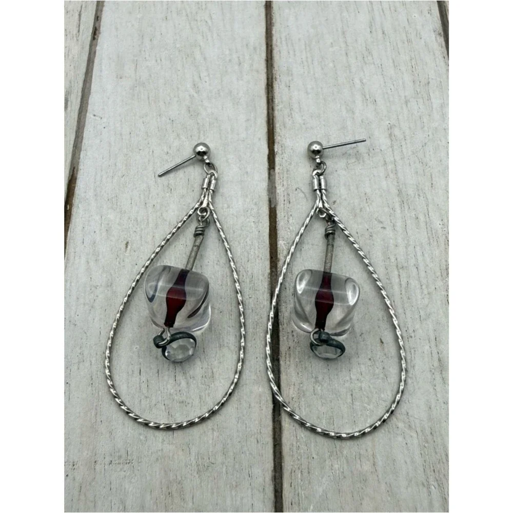 Vintage Clear Glass Drop Earrings with Red Accent